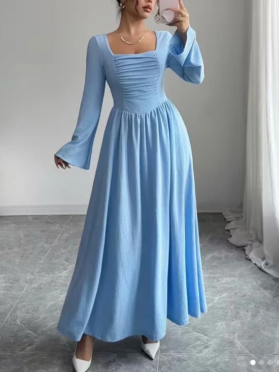 Elegant Light Blue Long Sleeve Maxi Dress - Square Neck - Picture 1 of 3